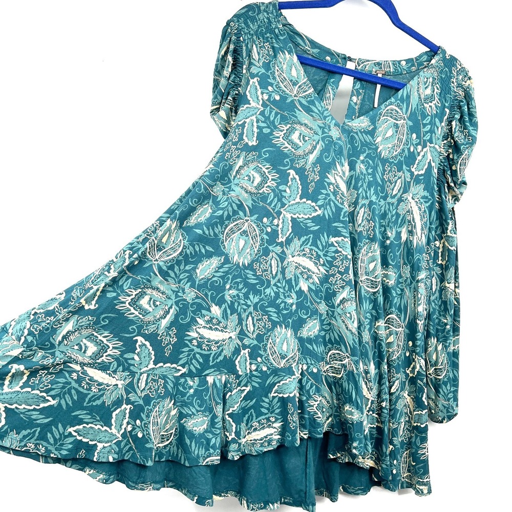 NEWā Free People Hello Lover tunic top dusty indigo combo boho puff sleeve S